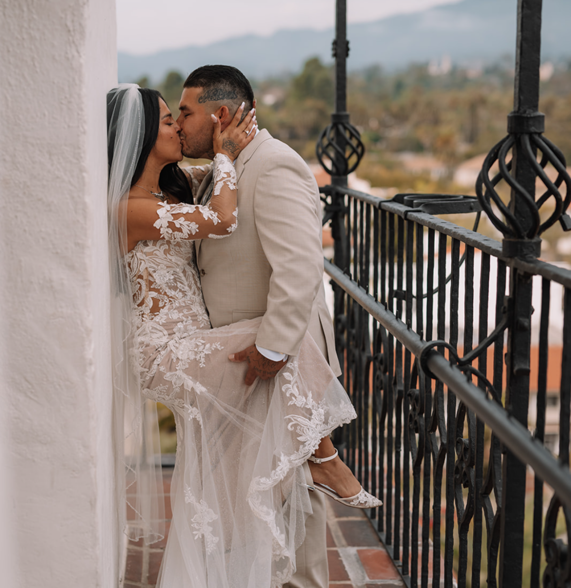 Bride and groom portrait at Santa Barbara Courthouse wedding in California
